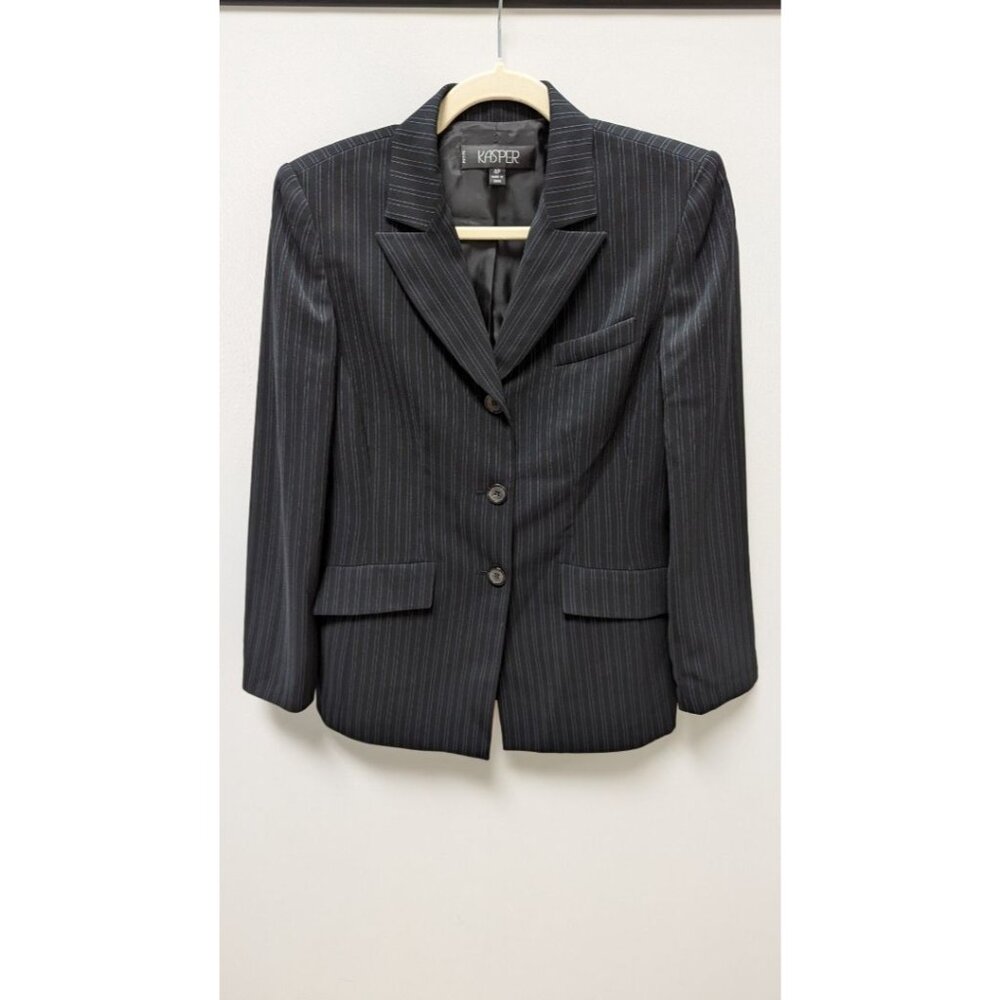 KASPER Navy Striped 3-Button Blazer Jacket